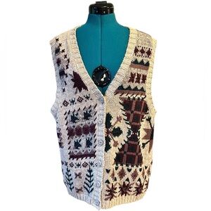 VTG St. John’s Bay Fisherman Knit Vest Fair Isle Green Wood Button 1X